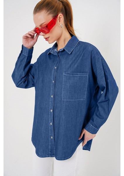 Oversize Kot Gömlek 20280 - Lacivert