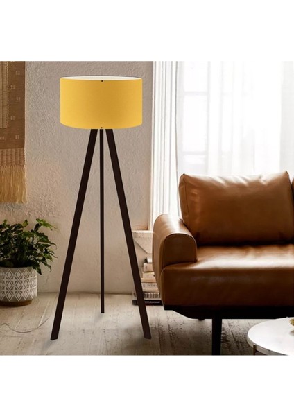 Art Tripod Ahşap Ayaklı Lambader Köşe Lambası Sarı Kumaş