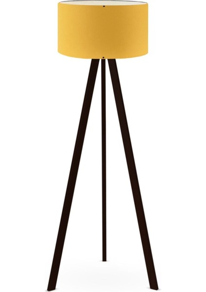 Art Tripod Ahşap Ayaklı Lambader Köşe Lambası Sarı Kumaş