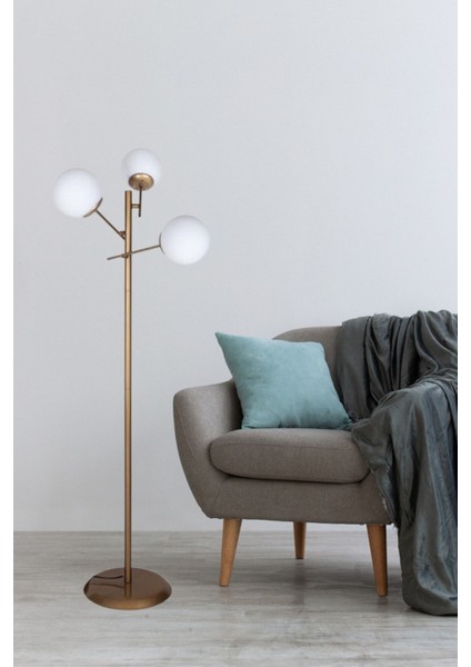 Eskitme Gold Üçlü Metal Lambader, Yükseklik 151-200 cm, Yerden Yüksek Model
