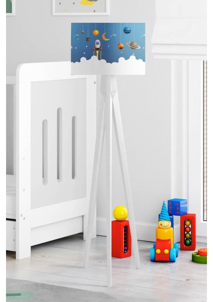 Çocuk Odası Çok Renkli Bulutlar ve Uzay Temalı Tripod Lambader