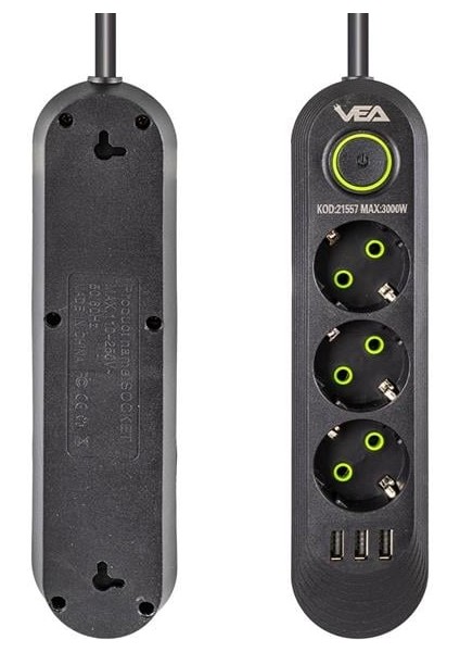 Fırsat Byr VA-21557 3'lü 3 Usb'li 1.5 Metre Akım Korumalı Priz Siyah Yeni