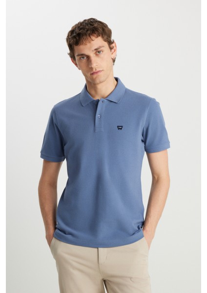%100 Pamuk Regular Fit Normal Kesim Indigo Polo Yaka Tişört