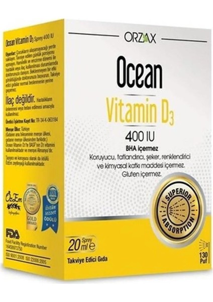 Ocean D Vitamini Desteği - Vitamin D3 400 Iu Sprey 20 ml X 3 Adet