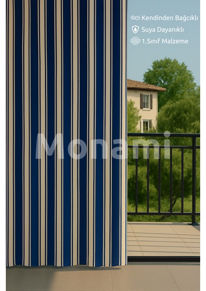 Lüks Mavi-Beyaz Elegance Enxboy Bağcıklı Balkon Perdesi