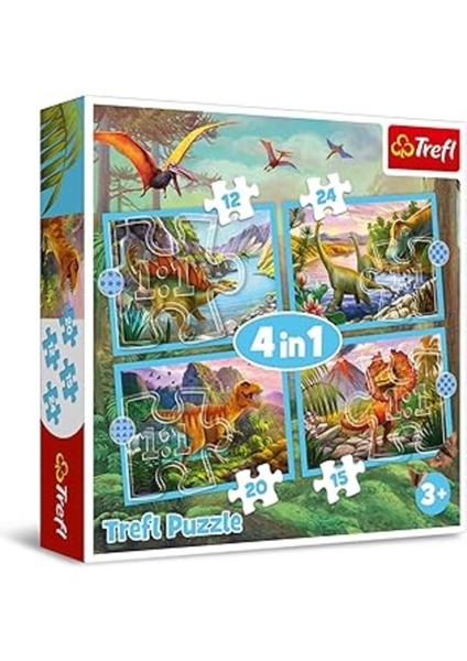 Trefl 34609 4'ü 1 Arada 4 12'den 24'e Kadar Elemanlı Dinozorlarla Yapboz Çeşitli Zorluk Seviyeleri