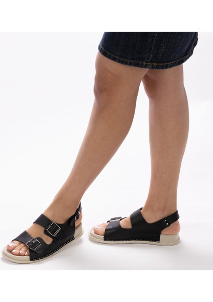 Kadın Deri Siyah Bantlı Günlük Rahat Düz Sandalet fiyatları