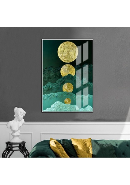 |yeşil-Gold-Beyaz Soyut Desenli Model 4 |çerçeveli Temperli Cam Tablo Tekli Dikey