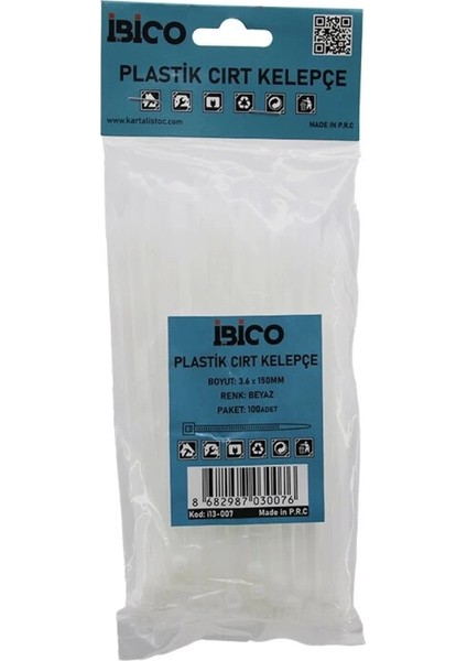 Beyaz 3.6X150 mm Plastik Cırt Kelepçe 100 PCS