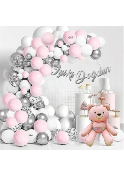 Kız Çocukları Için Retro Pembe Ayılı Gümüşlü Pembeli Lüks Balon Zincir Doğum Günü Parti Seti Süsü