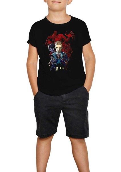 Stanger Things Cartoon Siyah Çocuk Tişört