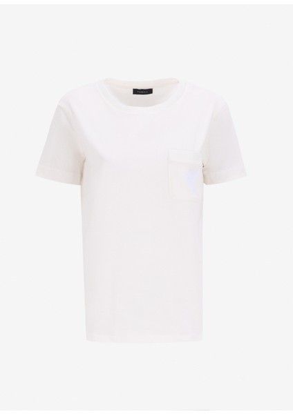 Bisiklet Yaka Nakışlı Kırık Beyaz Kadın T-Shirt F5SL-TST0086