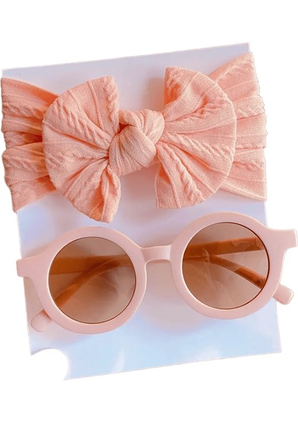 2 Pcs/set Yeni Çocuklar Düz Renkli Pamuk Bowknot Geniş Saç Bandı Yuvarlak Güneş Gözlüğü Seti Kız Kız Güneş Gözlüğü Çocuk Saç Aksesuarları: Pembe (Yurt Dışından)