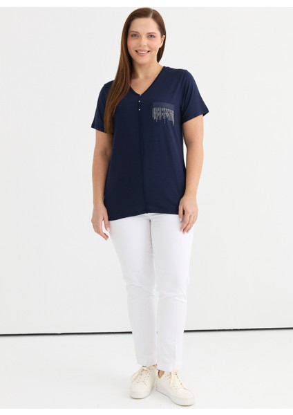 V Yaka Taşlı Lacivert Kadın Bluz 25YSL8092