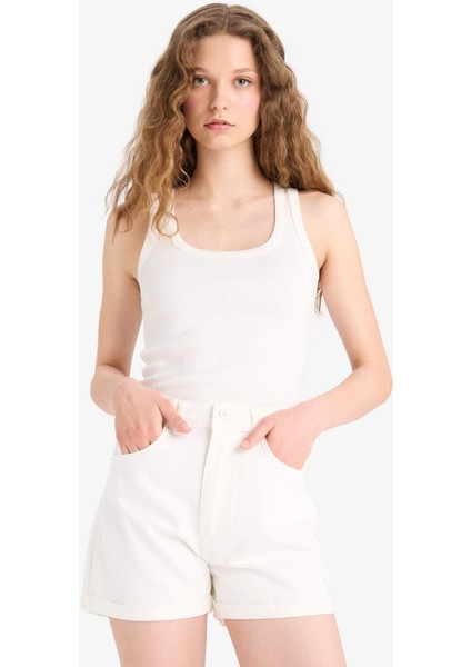 Mom Fit Yüksek Bel Katlamalı Paça Jean Şort E4695AX25SM