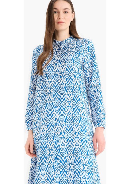 Regular Fit Desenli Dik Yaka Uzun Kollu Diz Altı Tunik D9861AX25SM