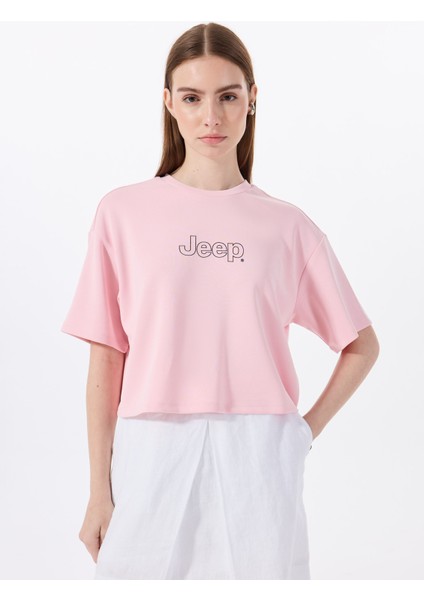 Bisiklet Yaka Baskılı Pembe Kadın T-Shirt J5SL-TST7020