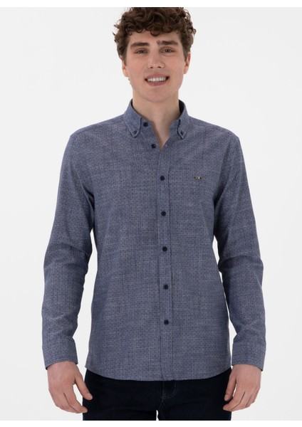Slim Fit Gömlek Yaka Lacivert Erkek Gömlek Dart