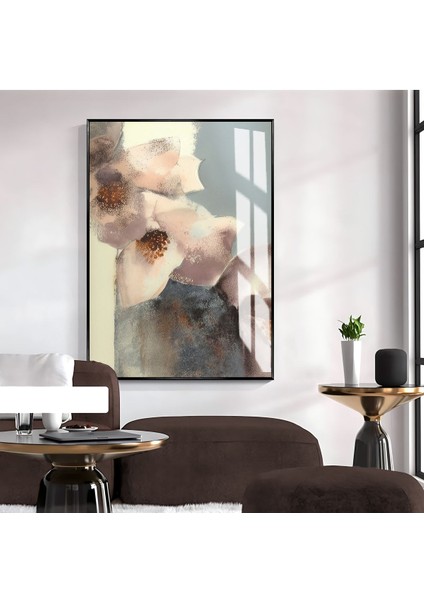 Soyut Desen Krem-Gri Çiçek Model 1 Çerçeveli Temperli Cam Tablo Tekli Dikey