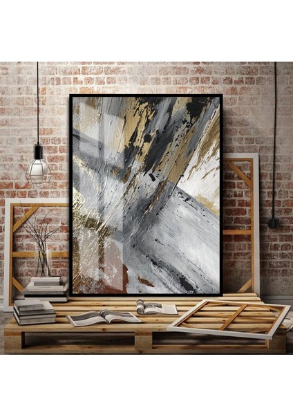 Gri-Gold Soyut Şekil 01 Çerçeveli Temperli Cam Tablo Tekli Dikey