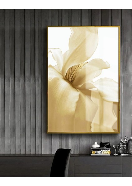 Soft Bej Soyut Yaprak Şekil 1 Çerçeveli Temperli Cam Tablo Tekli Dikey