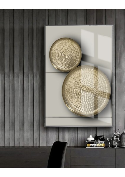 Gold-Gri Yuvarlak Desenli Model Çerçeveli Temperli Cam Tablo Tekli Dikey