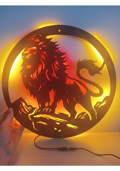 Ormanlar Kralı Aslan LED Işıklı Ahşap Mdf Duvar Dekoru Tablo 40 cm
