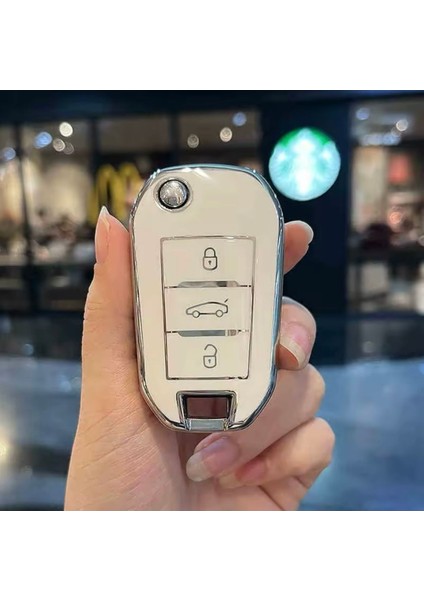 Citroen C Elysee Beyaz-Silver Sustalı Anahtar Kılıfı