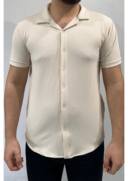 Bej Baklava Desenli Erkek Gömlek