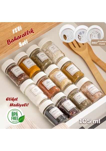 1078 Döner Kapaklı 12'li Etiketli Cam Baharatlık Düzenleyici Organizer Baharatlık Takımı Beyaz
