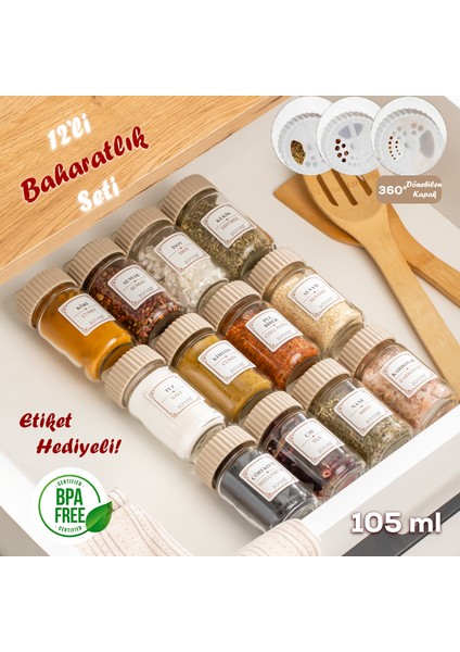 1082 Döner Kapaklı 12'li Düzenleyici Organizer Etiketli Cam Baharatlık Takımı Cappuccino