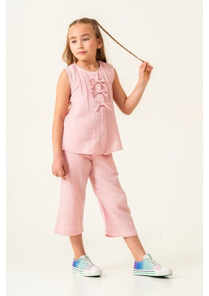 Müslin Ince Fiyonk Detaylı Kız Çocuk Kapri 2 li takım - Pembe