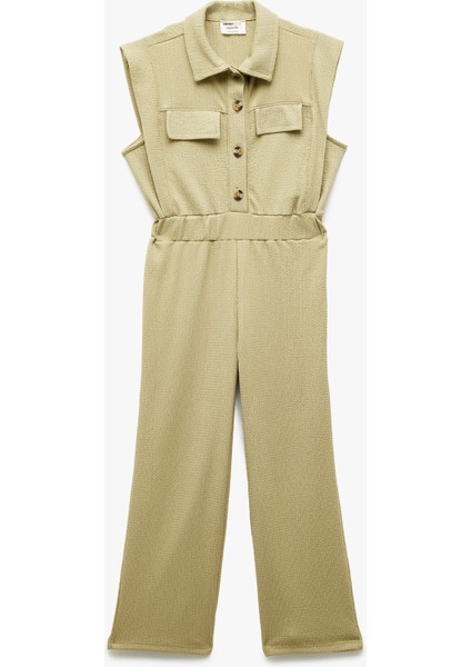 Düğmeli Cep Detaylı Gömlek Yaka Uzun Tulum