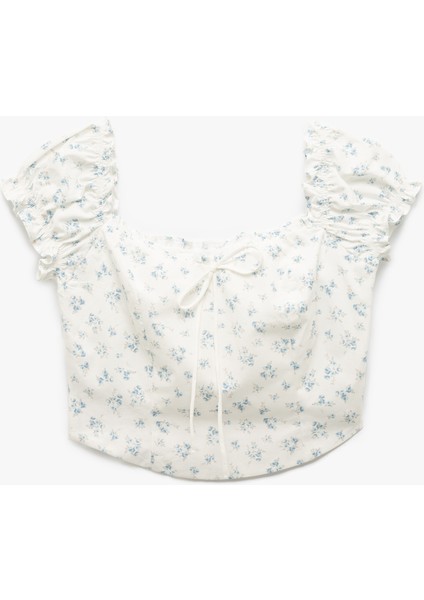 Kayık Yaka Bağcık Detaylı Fermuarlı Çiçekli Dar Kesim Poplin Crop Bluz