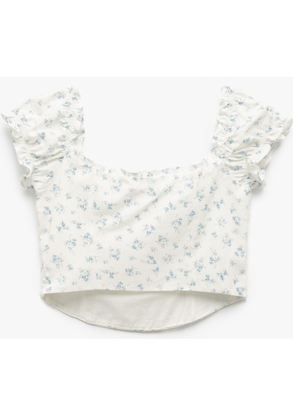 Kayık Yaka Bağcık Detaylı Fermuarlı Çiçekli Dar Kesim Poplin Crop Bluz