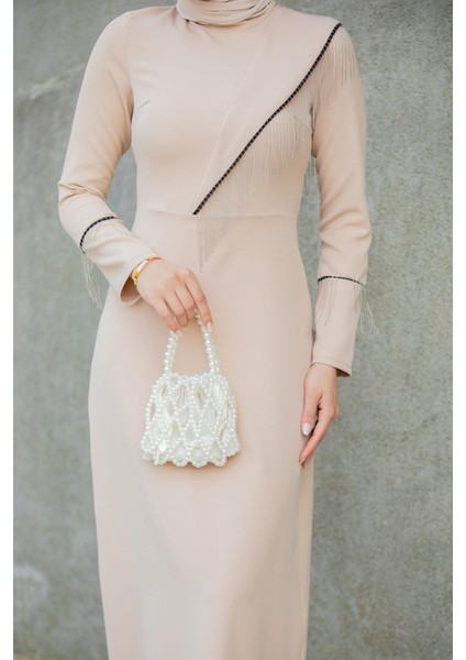Lienna Zincir Aksesuarlı Özel Gün Elbise-Bej fiyatları