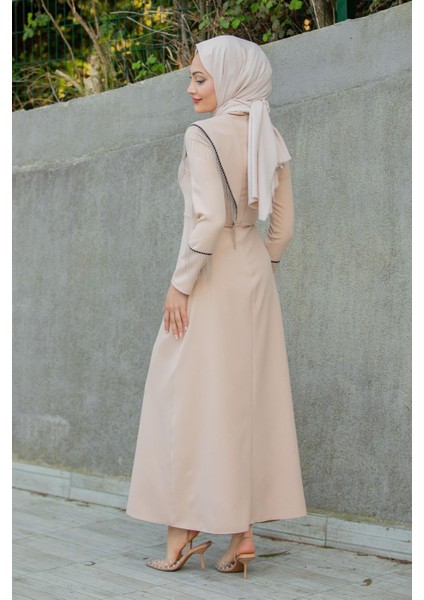 Lienna Zincir Aksesuarlı Özel Gün Elbise-Bej modelleri