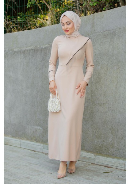 Lienna Zincir Aksesuarlı Özel Gün Elbise-Bej fırsatları