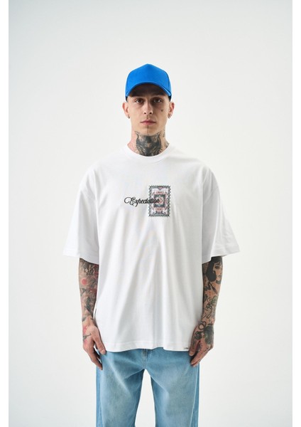 Erkek Expectation Nakışlı Oversize T-Shirt Beyaz