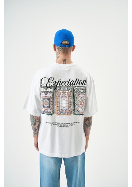 Erkek Expectation Nakışlı Oversize T-Shirt Beyaz modelleri