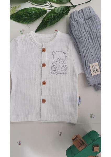 Erkek Bebek Gömlek Ayıcık Çocuk Takım 2li Takım Alt Üst Muslin Takım