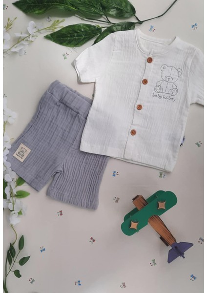 Erkek Bebek Gömlek Ayıcık Çocuk Takım 2li Takım Alt Üst Muslin Takım fiyatları