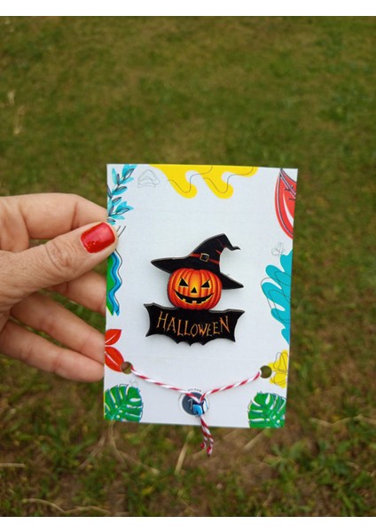 Halloween Cadılar Bayramı Ahşap Rozet Marteniçka Bileklik Hediyeli -Çanta-Broş-Aksesuar