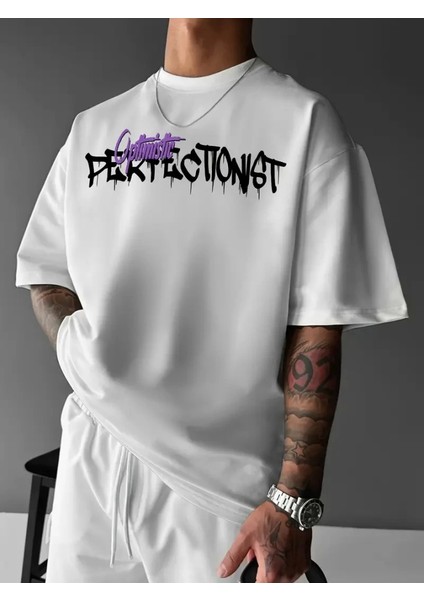 Baskılı Oversize Bisiklet Yaka T-Shirt - Beyaz