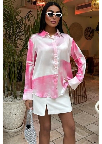 Pembe Geçişli Saten Gömlek 3439