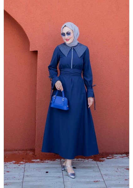 Kot Yaka Detaylı Poplin Elbise-Laci