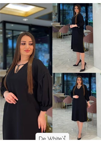 Büyük Beden Önü Aksesuar Detaylı Elbise