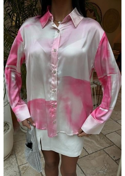 Pembe Geçişli Saten Gömlek 3439