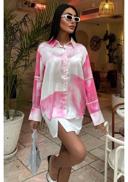 Pembe Geçişli Saten Gömlek 3439