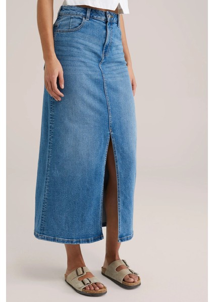 Açık Mavi Kadın Regular Fit Yüksek Bel Uzun Maxi Boy Denim Kot Etek MERRY-4092